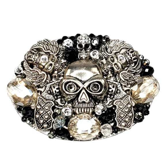 Gothic Skull Embellished Silver Handcrafted Buckle & Earring Srk. Crystals.